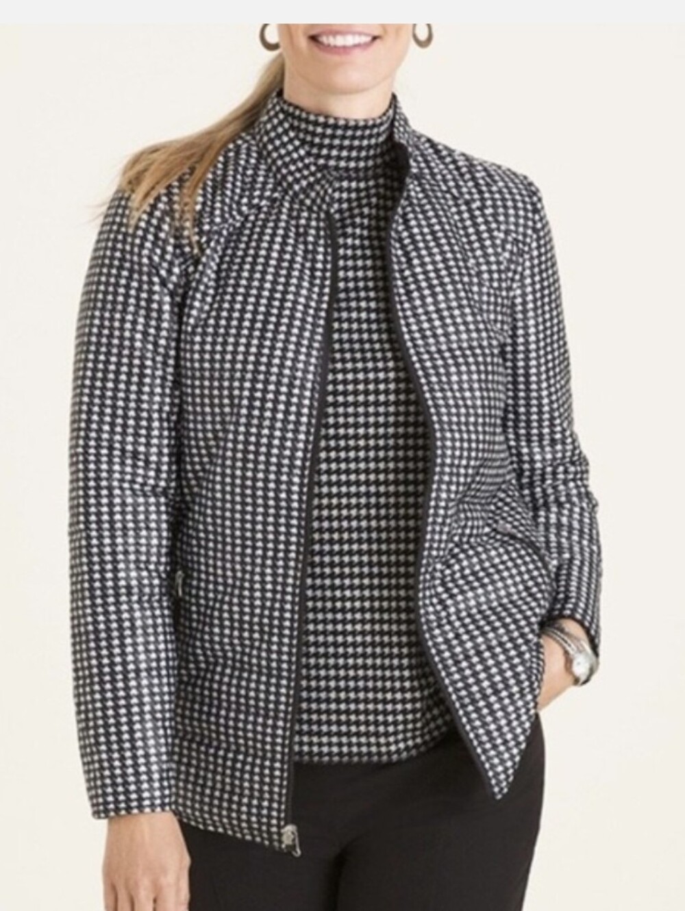 CHICO'S Zenergy Black & White Houndstooth Zip-Front Reversible Jacket Size 16